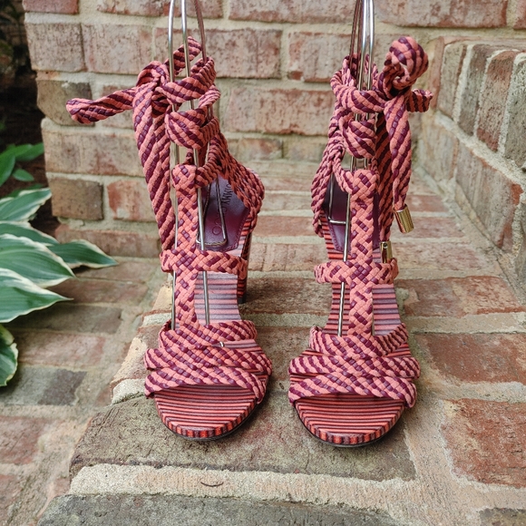 Jimmy Choo Trix 100mm Woven Multi-Wrap Sandal, Dark Shiraz/Coral 37 - Picture 5 of 16